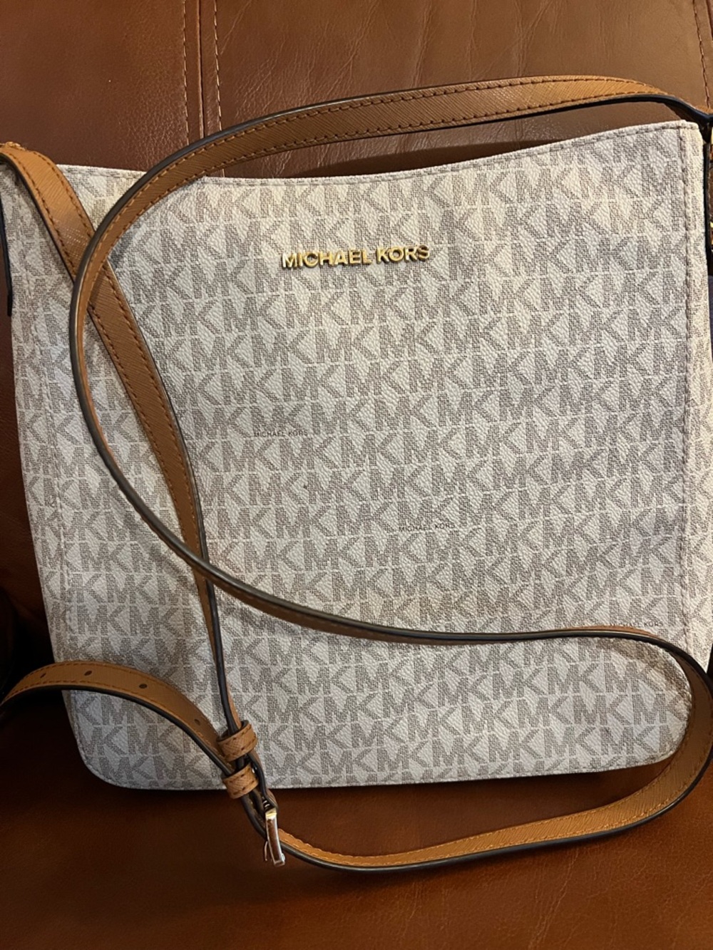 Michael Kors Beige Logo Crossbody with Tan Trim and Gold Hardware